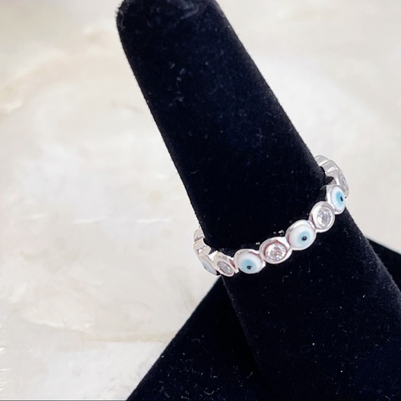 Silver Plated White Blue CZ Evil Eye Eternity Ring - Picture 4 of 7